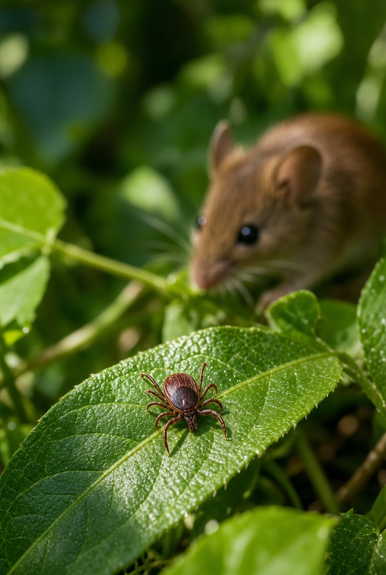 A live tick on a green leaf in the foreground with a field mouse watching nearby